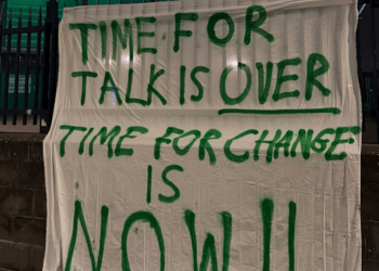 Celtic fans take board aim in fresh banner protest at Parkhead as they tell supporters ‘give them hell’